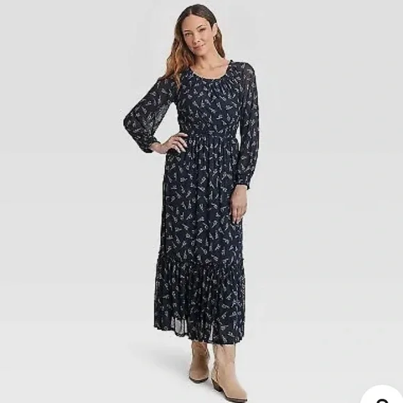 Women's Long Sleeve A-Line Maxi Dress - Knox Rose Blue Floral Xs